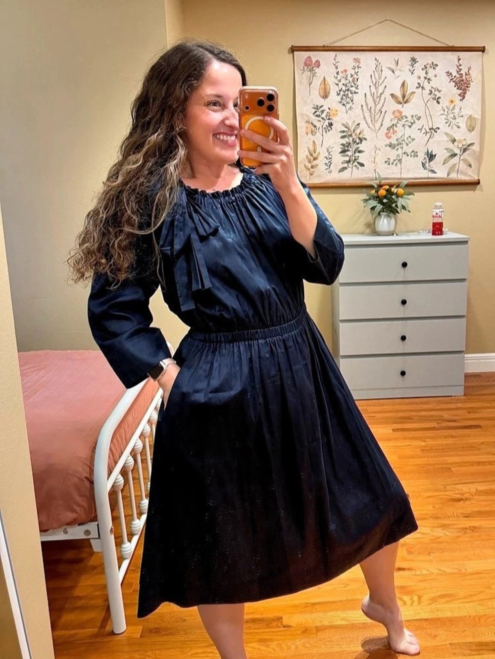 La Vie Rebecca Taylor Women's Long Sleeve Dress Size Medium Navy Bow Cotton